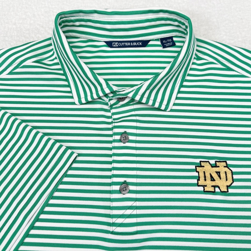 Notre Dame Fighting Irish Polo Shirt Mens Size XL Green Striped Cutter & Buck
